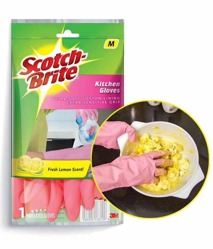 3M Scotch-Brite Kitchen Gloves Medium Pair (Pack of 1) and Scrub Pad Large