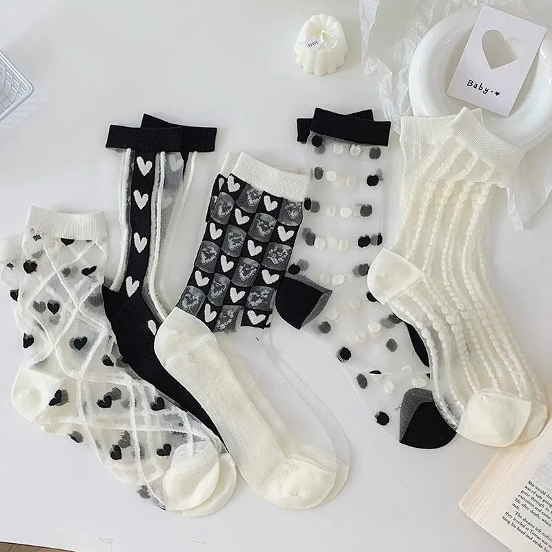 Chic Heart Pattern And Polka Dot Transparent One pair of Socks