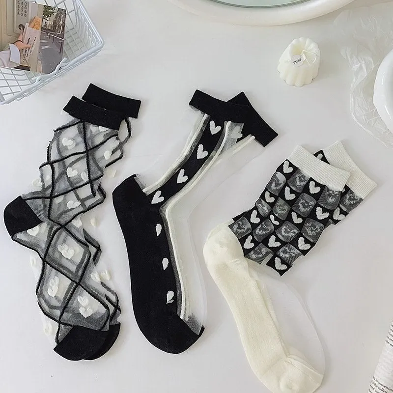 Chic Heart Pattern And Polka Dot Transparent One pair of Socks