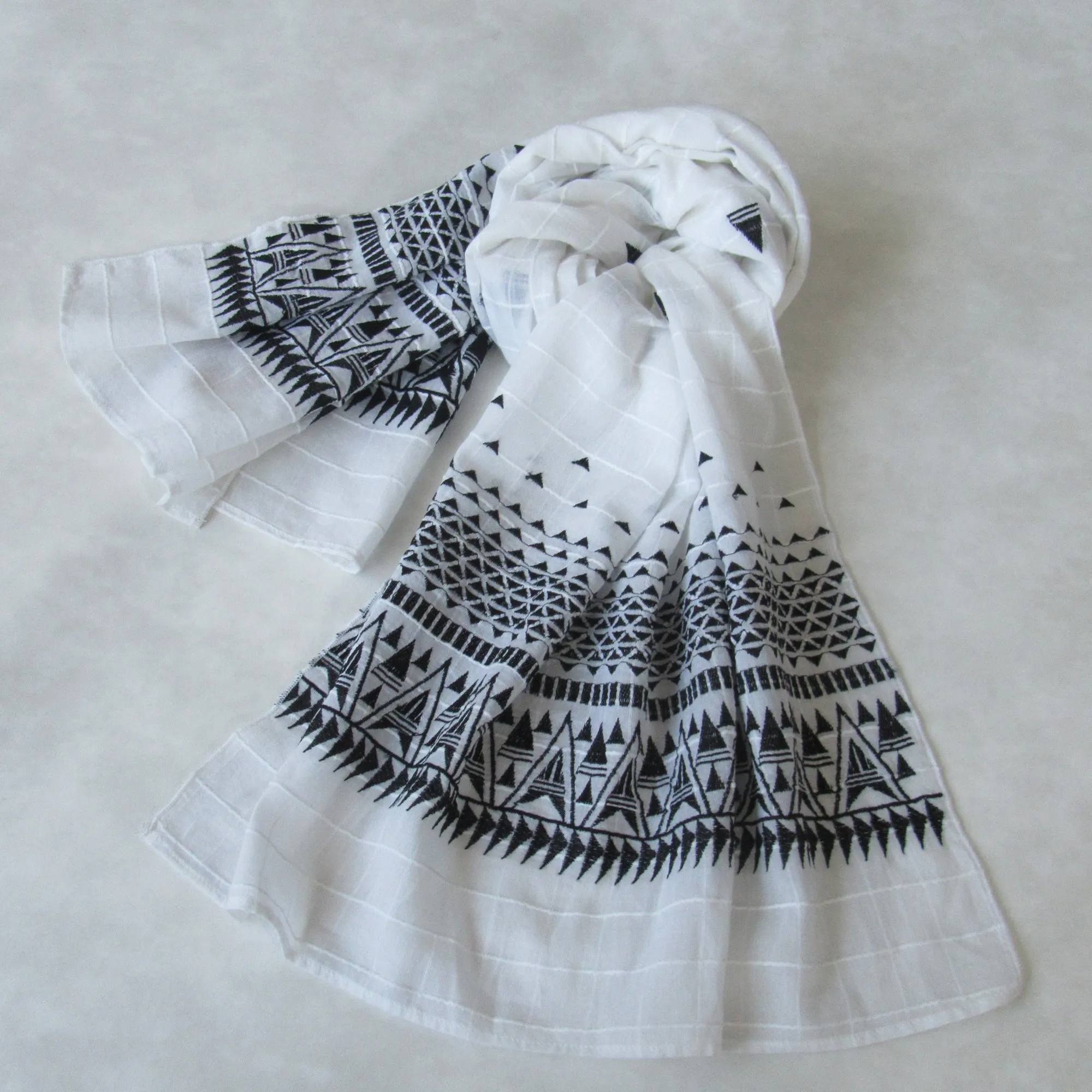 Embroidered Self Check Long Scarf: WHITE