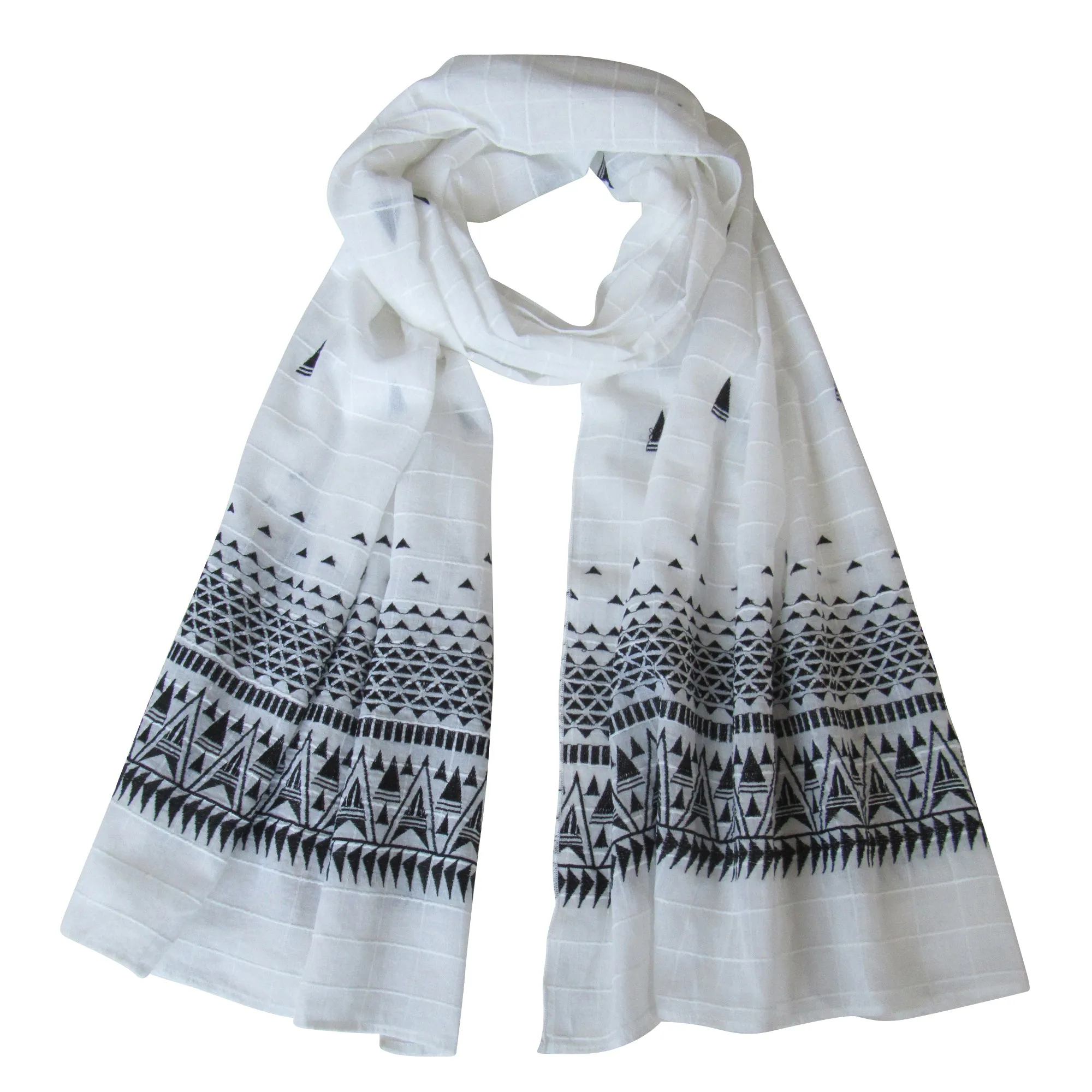Embroidered Self Check Long Scarf: WHITE