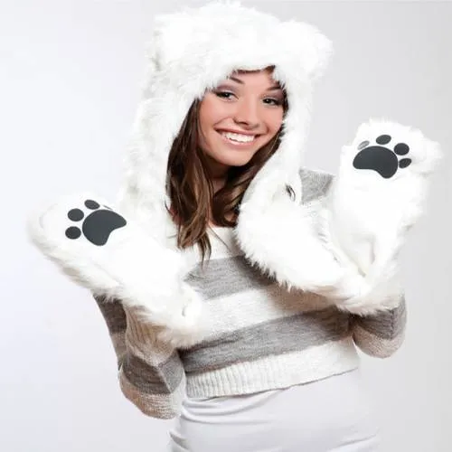 Faux Fur Plush 3D Full Animal Hood with Pocket Hat Scarf Mitten