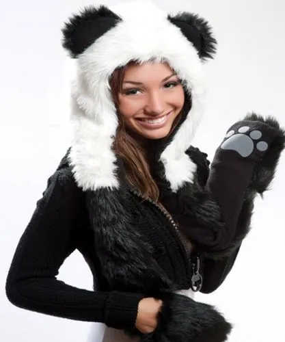 Faux Fur Plush 3D Full Animal Hood with Pocket Hat Scarf Mitten