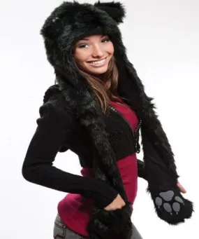 Faux Fur Plush 3D Full Animal Hood with Pocket Hat Scarf Mitten