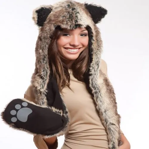 Faux Fur Plush 3D Full Animal Hood with Pocket Hat Scarf Mitten