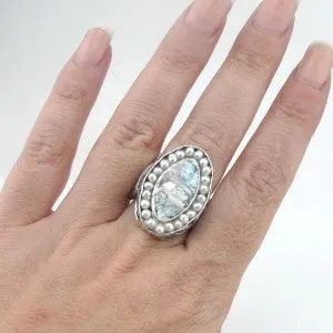 Hadar Designers Handmade Sterling Silver Pearl Roman Glass Ring Antique Israeli Jewelry