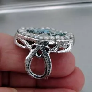 Hadar Designers Handmade Sterling Silver Pearl Roman Glass Ring Antique Israeli Jewelry