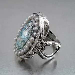 Hadar Designers Handmade Sterling Silver Pearl Roman Glass Ring Antique Israeli Jewelry