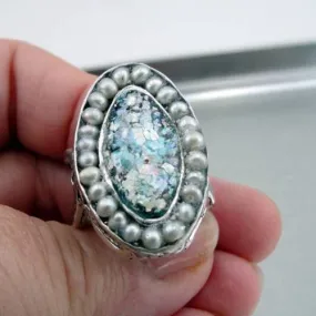 Hadar Designers Handmade Sterling Silver Pearl Roman Glass Ring Antique Israeli Jewelry