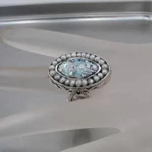 Hadar Designers Handmade Sterling Silver Pearl Roman Glass Ring Antique Israeli Jewelry