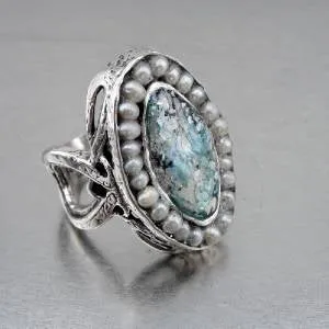 Hadar Designers Handmade Sterling Silver Pearl Roman Glass Ring Antique Israeli Jewelry