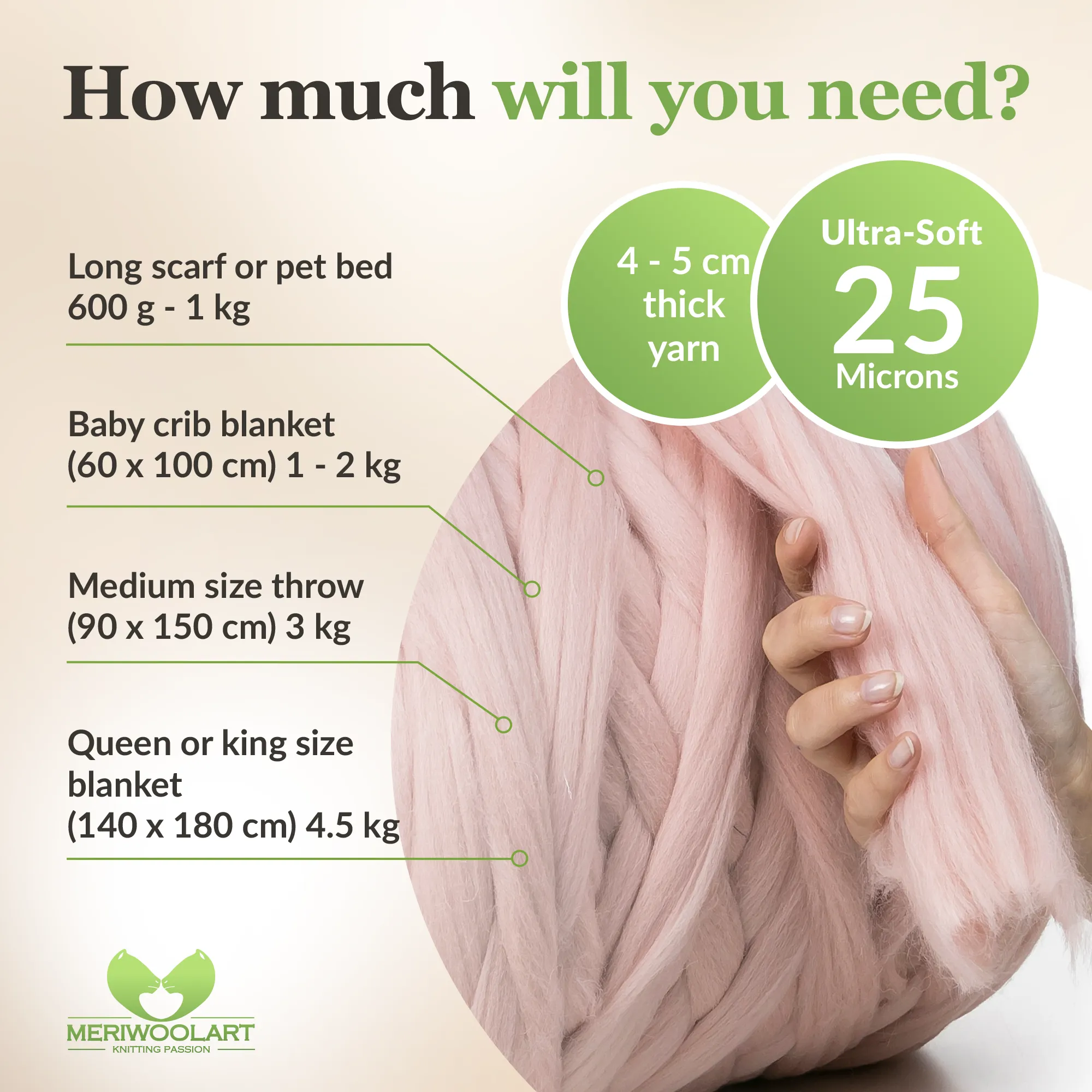 LIGHT PINK SUPER CHUNKY MERINO WOOL 4-5 CM, 25 MICRONS