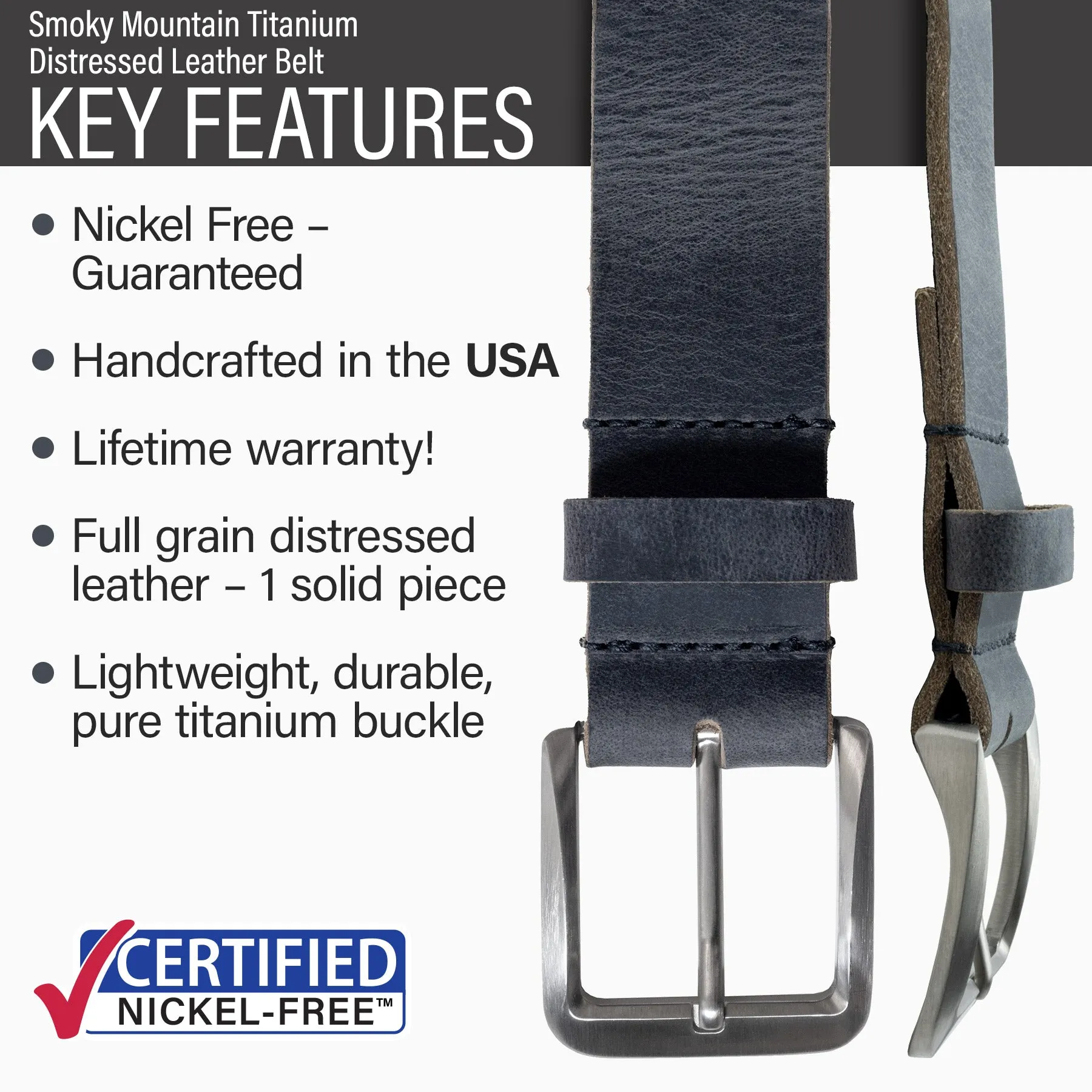 Smoky Mountain Titanium Distressed Leather Belt by Nickel Smart®