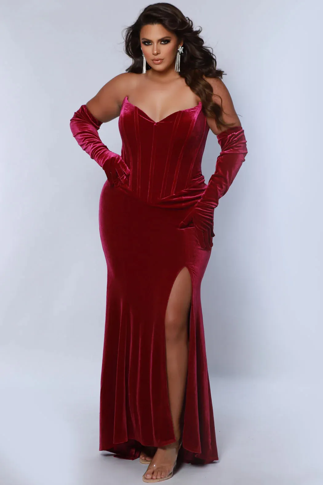 Sydneys Closet JK2418 Long Pageant Dress Corset Velvet Plus Size Overskirt Slit Gloves Prom