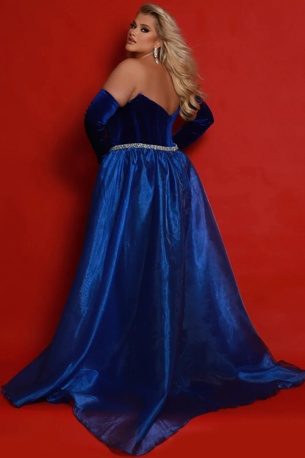 Sydneys Closet JK2418 Long Pageant Dress Corset Velvet Plus Size Overskirt Slit Gloves Prom