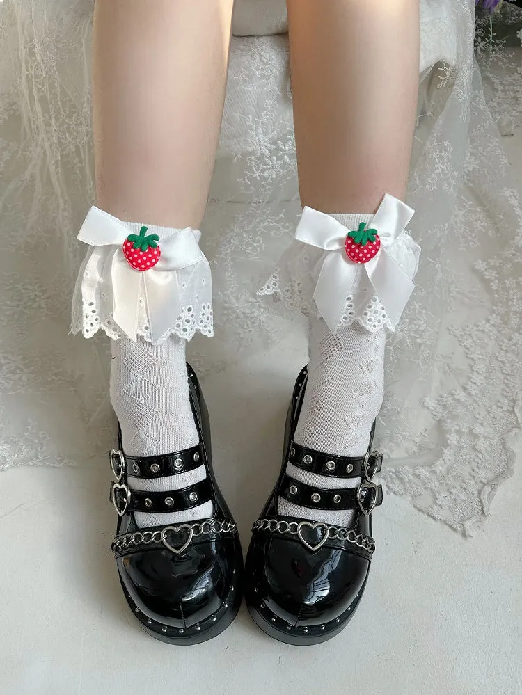 White Strawberry Bow Lace Trim Sweet Lolita Socks