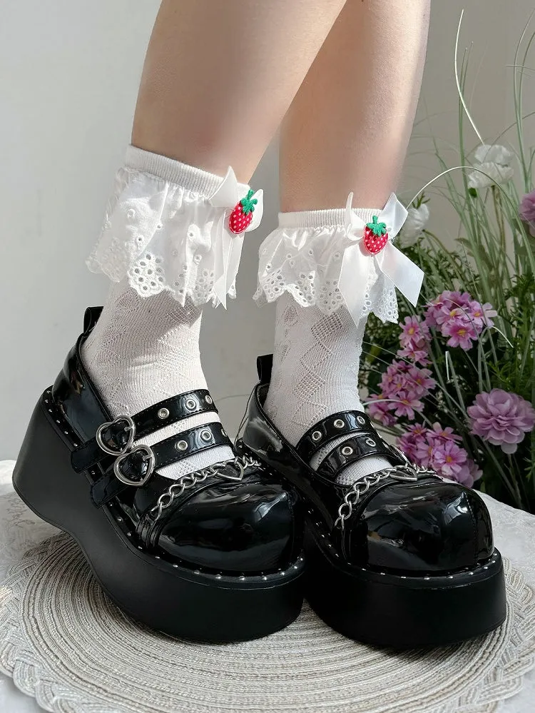 White Strawberry Bow Lace Trim Sweet Lolita Socks